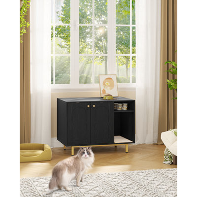 Cat Litter Box Enclosure Enclosed, Hidden Litter Box Cabinet Furniture with Storage, Wooden Indoor Cat House Large, Modern End Table for Living Room Entryway, Black and Gold
