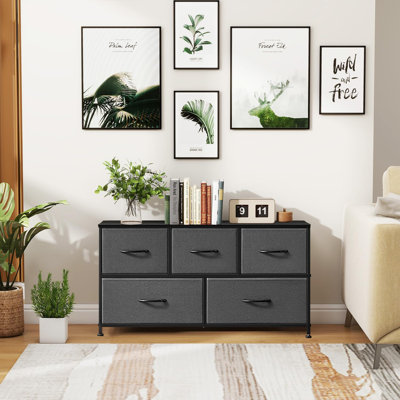 Commode Kuth pour la chambre à coucher, 5 tiroirs de rangement, commode pour garde-robe large avec structure en métal pour vêtements, chambre d'enfant, salon, couloir, vestibule