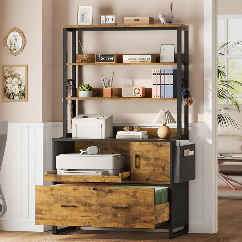 Mandip 31.5”W 1-Drawer File Cabinet With Lock And Sliding Open Storage Shelf, Brown