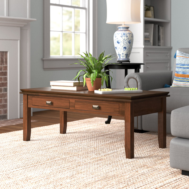 Artisan 46"W Solid Wood Transitional Coffee Table with 2 Drawers, Open Shelf and Square Brushed Nickel Knobs, Russet Brown