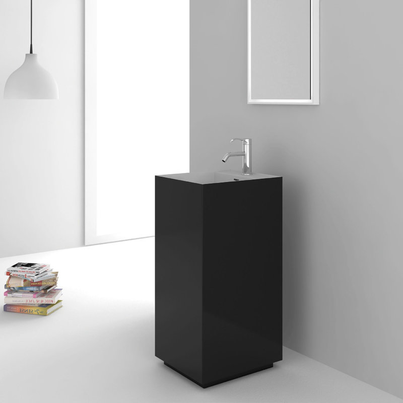 Lavabo de salle de bain carré à piédestal avec trop-plein, Noir mat