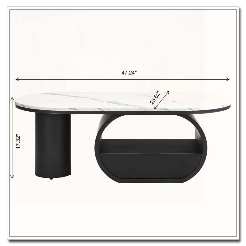47.24'' Oval Coffee Table, White/Black, Marble