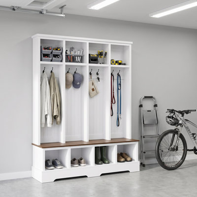 77" Hall Tree with Bench and Storage Cabinets, 8-Hook Farmhouse Entryway Coat Rack