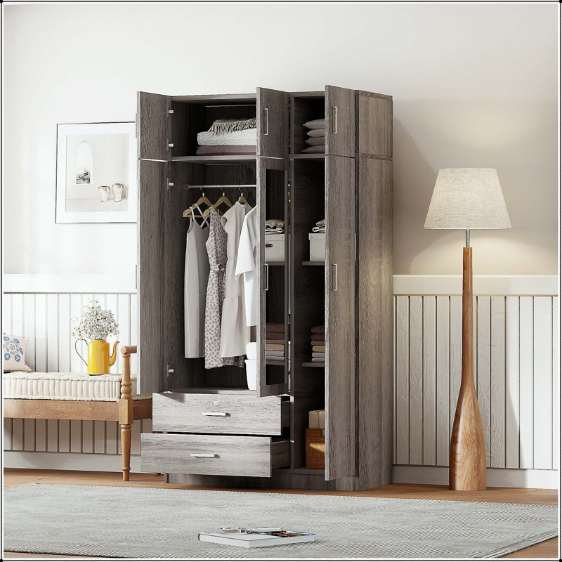 Armoire 3 portes avec miroir, 2 tiroirs et armoire supérieure