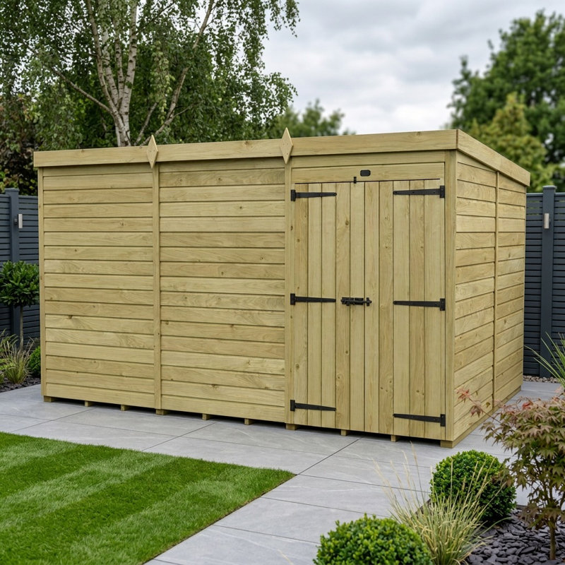 Total Sheds 12ft x 8ft Pent Garden Shed - Double Door - No Windows - Pressure Treated Timber - UK Manufactured