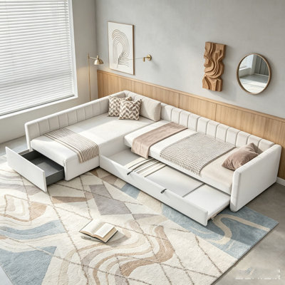 L-shape Upholstered Double Twin Size Daybed with Trundle and Drawer