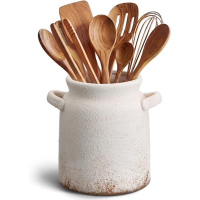 small ceramic cutlery rack with handle, retro pottery decoration, kitchen countertop with shovel storage, farmhouse party supplies (white, textured)