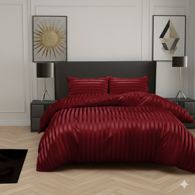 Microfiber Striped Duvet Cover Set with Matching Pillowcases and Stripe Fitted Sheet, Burgundy