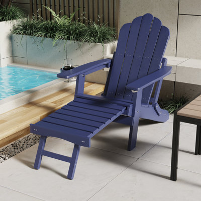Folding Adirondack Chair with Cup Holders, Fire Pit Chair with Retractable Ottoman, Multifunctional HIPS Chair for Patio by Dovecove