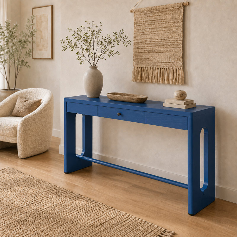 Console de style rustique rétro avec placage de chêne, un tiroir et pieds ovales ajourés, idéale pour une entrée, un couloir, un salon ou comme dossier de canapé.