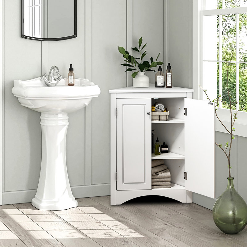 31.5"H Triangle Bathroom Storage Cabinet with Adjustable Shelves, White