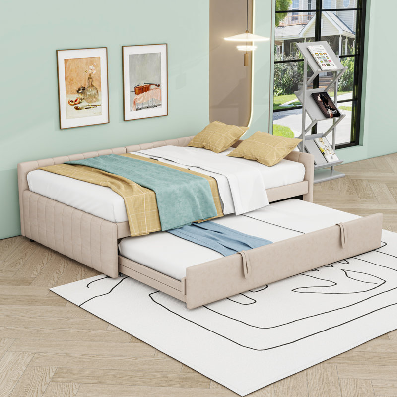 Full L-Shaped Upholstered Daybed with Twin Pop Up Trundle, Beige