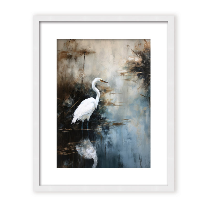 Nature Inspired Egret In Lake, 30" H x 24" W x 2.375" D, Black, Framed Canvas