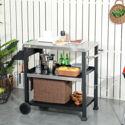 Chariot de barbecue à 3 tablettes avec table en acier inoxydable, 4 crochets pour les ustensiles, utilisation mobile à l'extérieur, chariot de cuisine noir, tablette de L 28,25 po x l 19,75 po