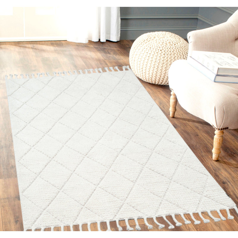 Tapis ivoire en laine tissé à la main à motif géométrique Hedva, Rectangle 8 pi x 10 pi