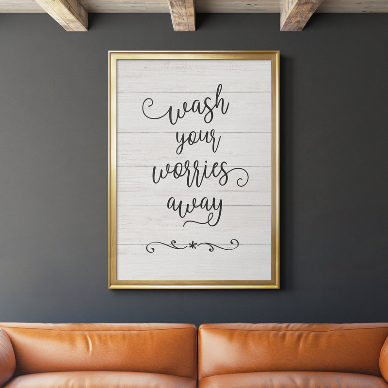 «Wash Worries», art textuel sur toile, H 26,5 po x l 36,5 po x P 1,5 po, Cadre doré