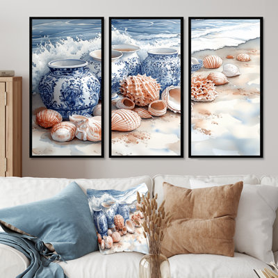 Floral Beach Pottery In Blue And White Tones II - Beach Pottery Wall Art Print Set