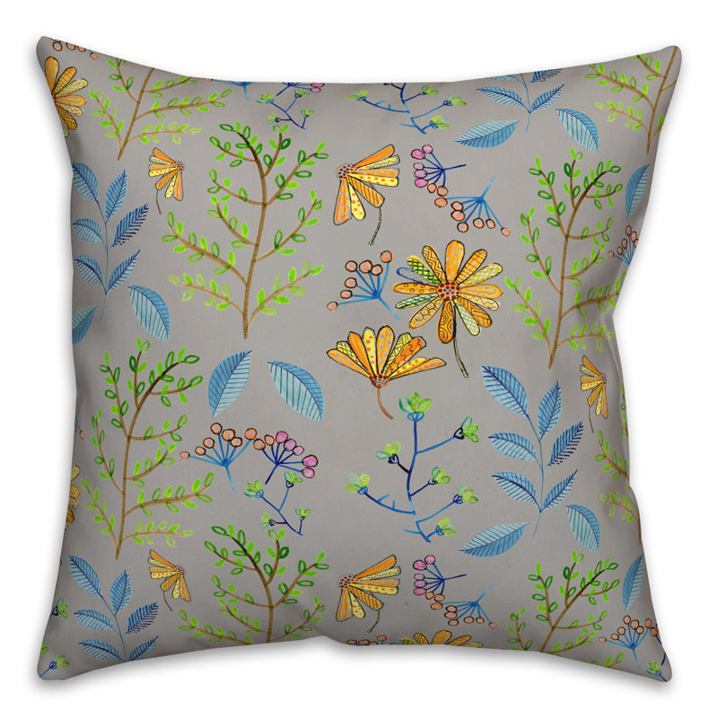 Coussin décoratif floral intérieur / extérieur en polyester, 18"H x 18"W, Gris