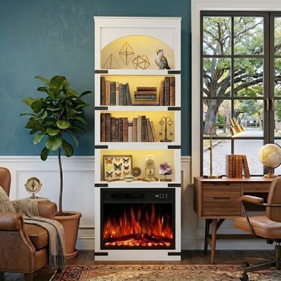 Bibliothèque arquée 70,7 "avec foyer électrique et lumières à DEL RVB, étagère Mid-Century moderne à 5 niveaux pour le salon et le bureau