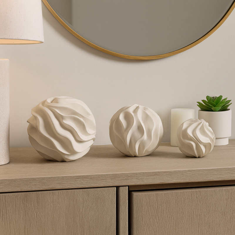 Set Of 3 4/5/6" Ostend Wavy Spheres, White