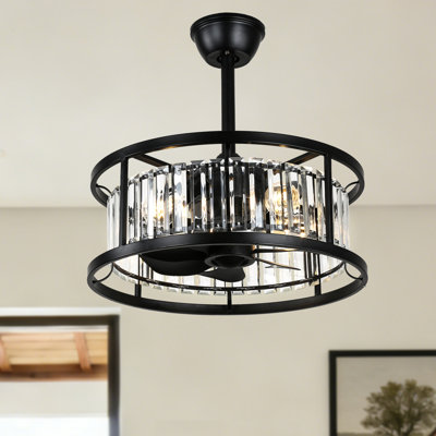 Ventilateur de plafond 20 po à cage en cristal moderne noir avec ensemble d'éclairage et télécommande Fandelier