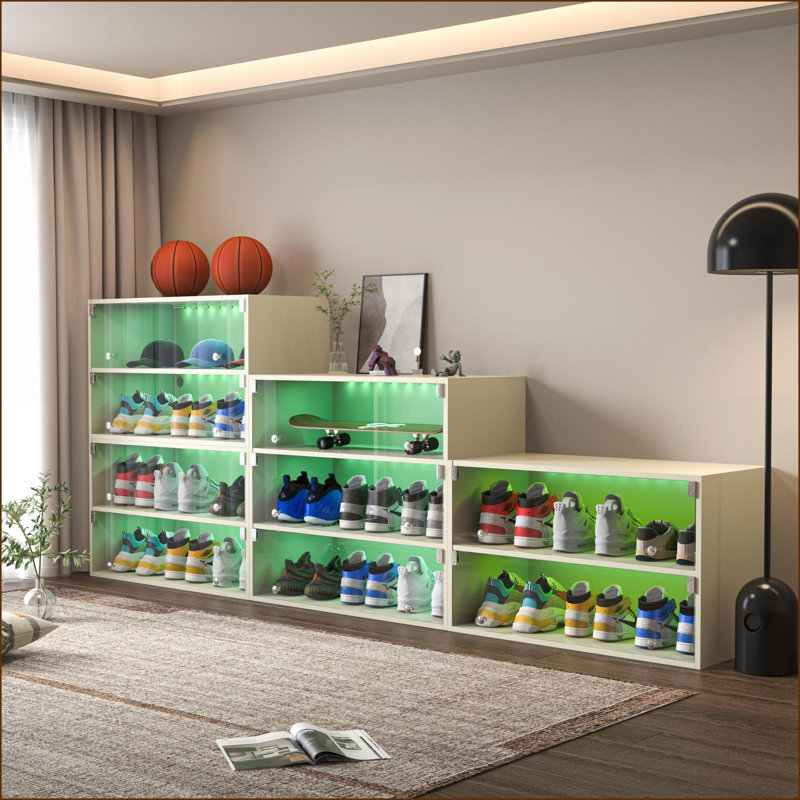 Shoe Storage Cabinet, Off-White Wood with RGB LED Lights, Holds 6 Sneakers | Minimalist | Particle Board, Off White