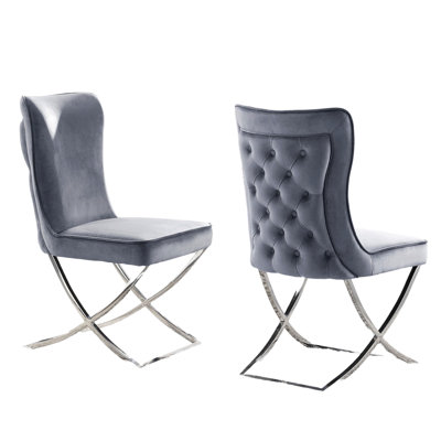 Gray Velvet Upholstered Chairs  2Pc  - Button , Frame, Welt Trim For Dining Area   Of 2  Metal Frame