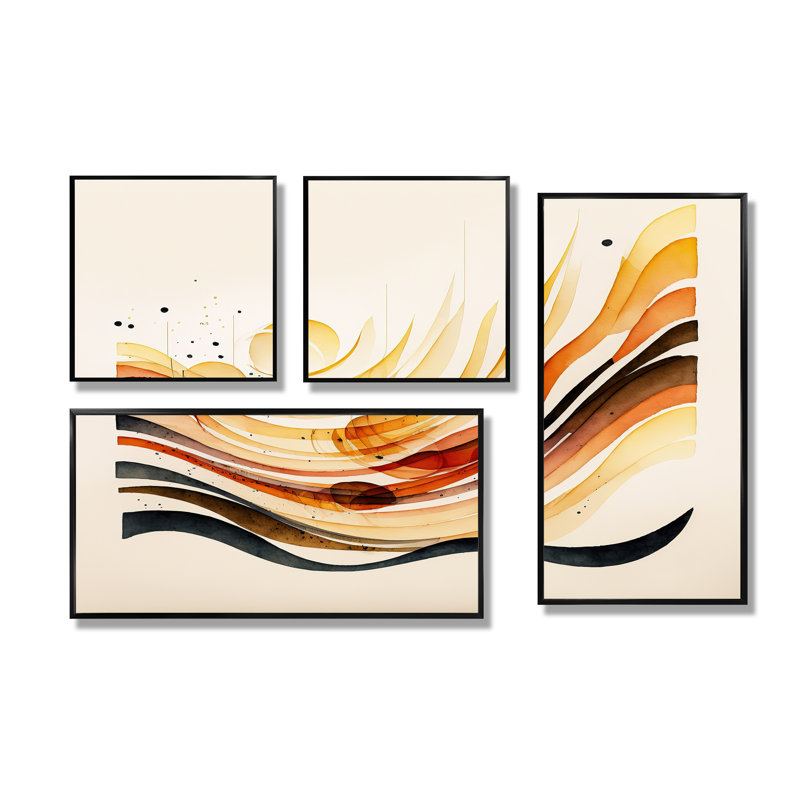 Burnt Orange Waves Abstract IV - Modern Canvas Prints 4 Pieces, Black, Framed Print without Mat