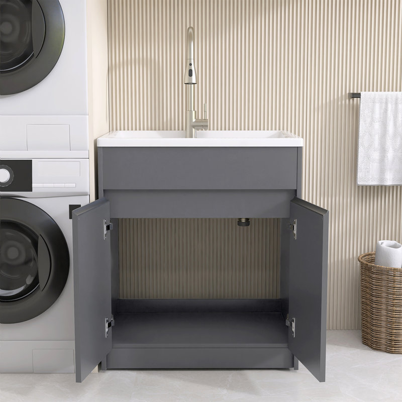 30 Inch Kitchen Sink Laundry Soild Surface Sink With Gray Standing Storage Cabinet