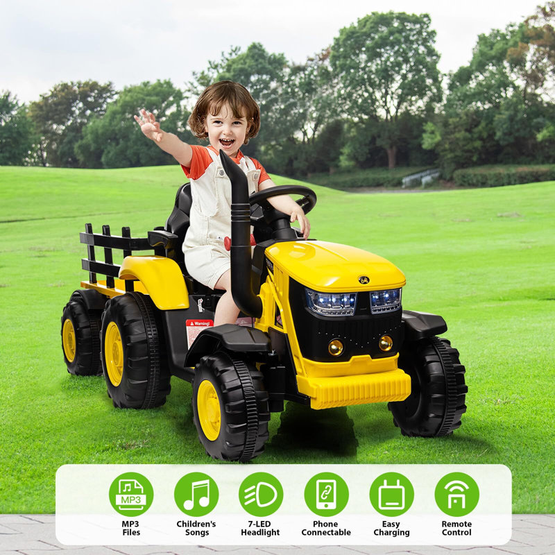 12V Yellow Ride-On Tractor with Detachable Trailer