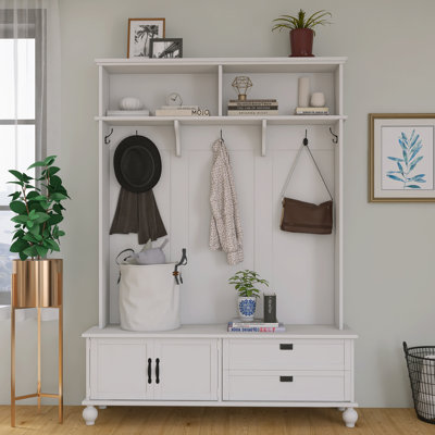 Arbre d'entrée de style moderne avec panneau de particules avec armoire de rangement, 2 grands tiroirs, banc de vestibule Widen et 5 crochets à manteau