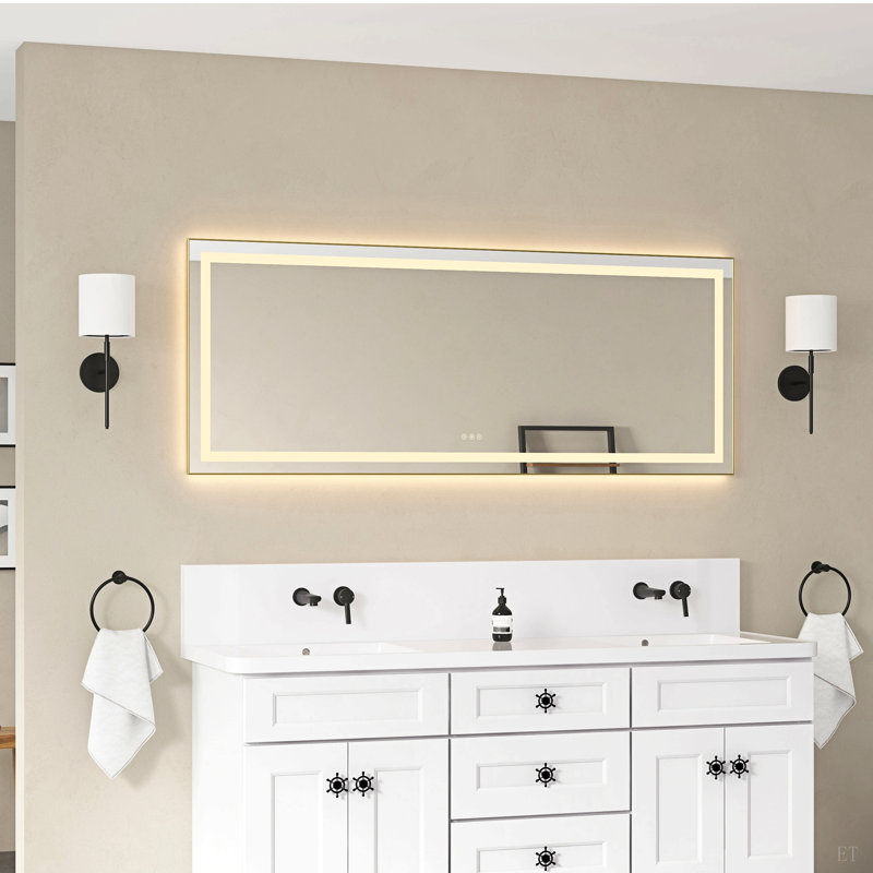 Miroir de salle de bain 72 "x 28" à DEL avec façade et rétroéclairage, miroir de meuble-lavabo mural avec cadre en aluminium, anti-buée, mémoire, 3 couleurs, réglable en continu