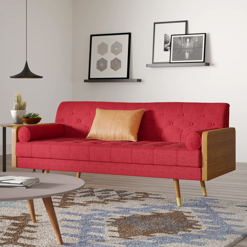 Bel-Air 72.2" Mid Century Modern Tufted 3 Seater Sofa with Bolster Pillows, Red Fabric