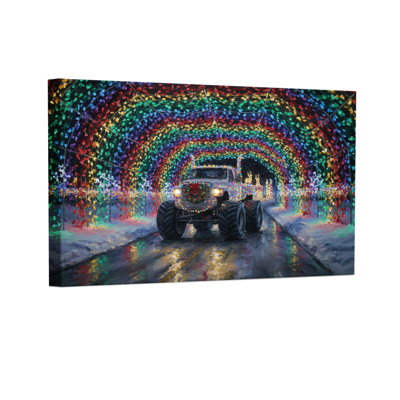 Christmas Colorful Light Tunnel Monster Truck Scene Set of 3 Canvas Wall Art Prints