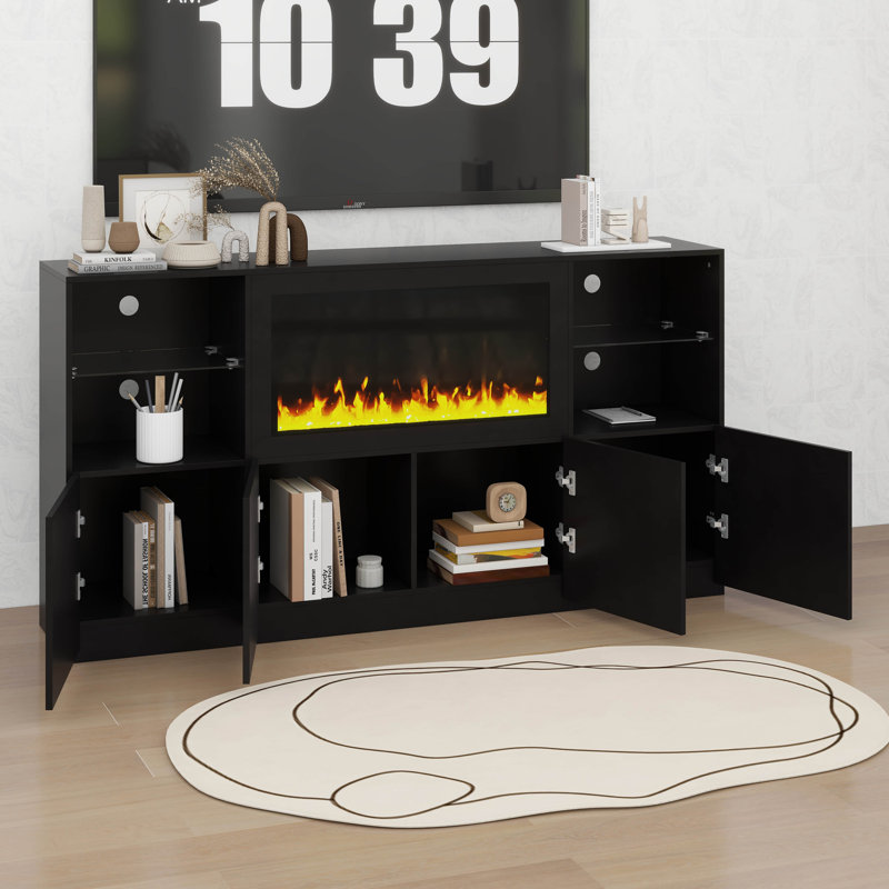 Meuble télé moderne ultrabrillant avec foyer électrique non chauffant, lumières DEL et tablette en verre trempé, Black