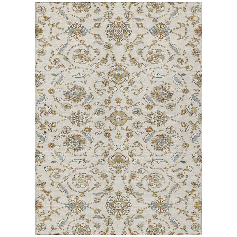 Ivory Rectangular Washable Synthetic Area Rug 3' x 5'