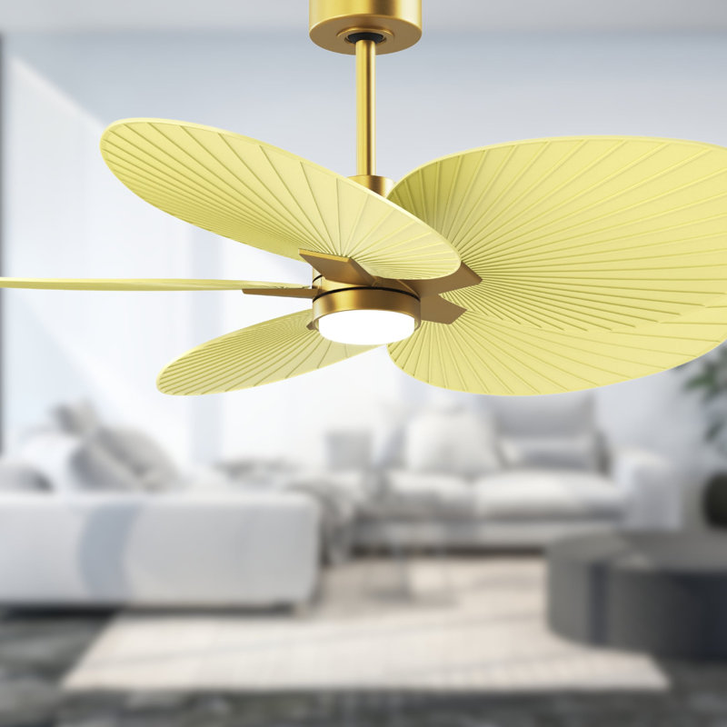 Alessandra Tropical - Five Blade Ceiling Fan - Integrated LED -Matte Black Finish -Light Blue Blades, Brushed Brass