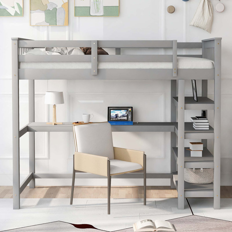Lit mezzanine simple avec tablettes de rangement et bureau sous le lit, Grey, Twin
