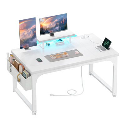 47"W Computer Desk with Monitor Stand & 24mm Thicker Desktop Home Office Desk with Power Outlets, LED Lights, Headphone Hooks & Storage Pocket, White