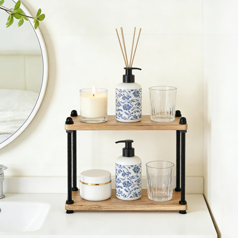 Tablette de rangement en bois à 2 niveaux pour meuble-lavabo, cuisine, café et bureau, rangement compact pour les soins de la peau, le maquillage et les articles essentiels