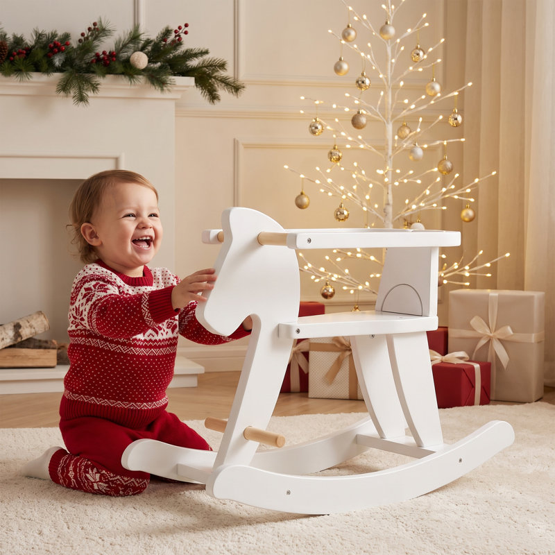 Cheval à bascule en bois pour enfants avec accoudoirs amovibles, fini blanc et structure en MDF