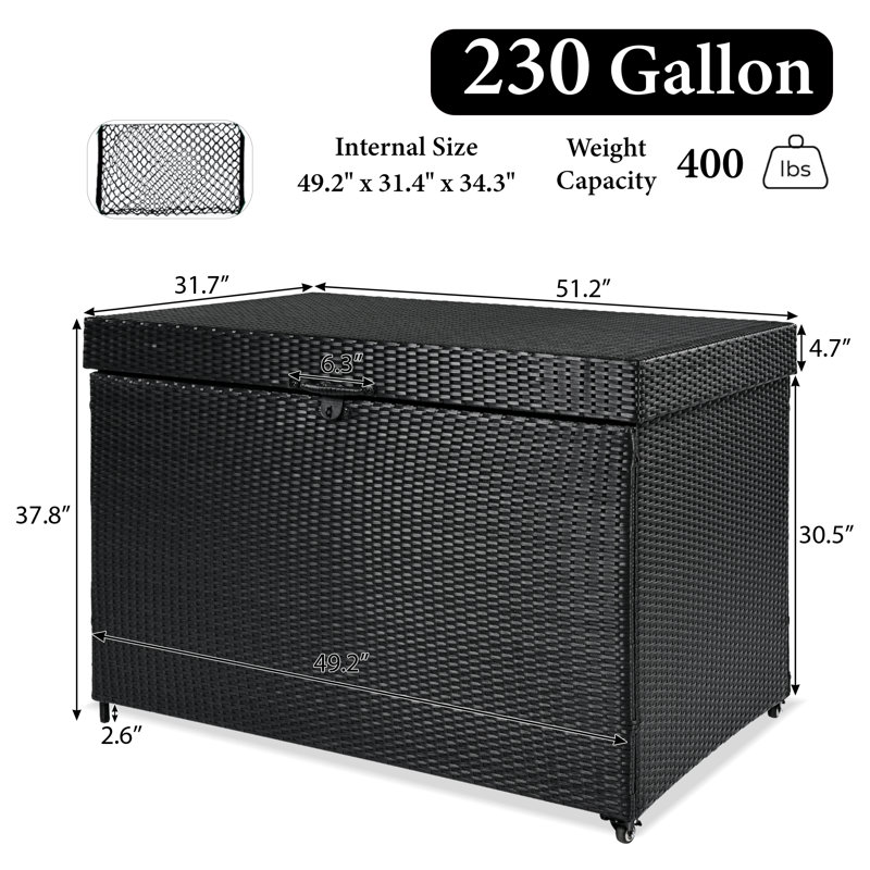 All-Weather Outdoor Storage Box, Wicker Deck Box With Wheels, Black