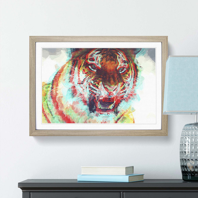 Roaring Tiger in Abstract - Picture Frame Painting Print, 35cm H x 50cm W x 2cm D, Oak