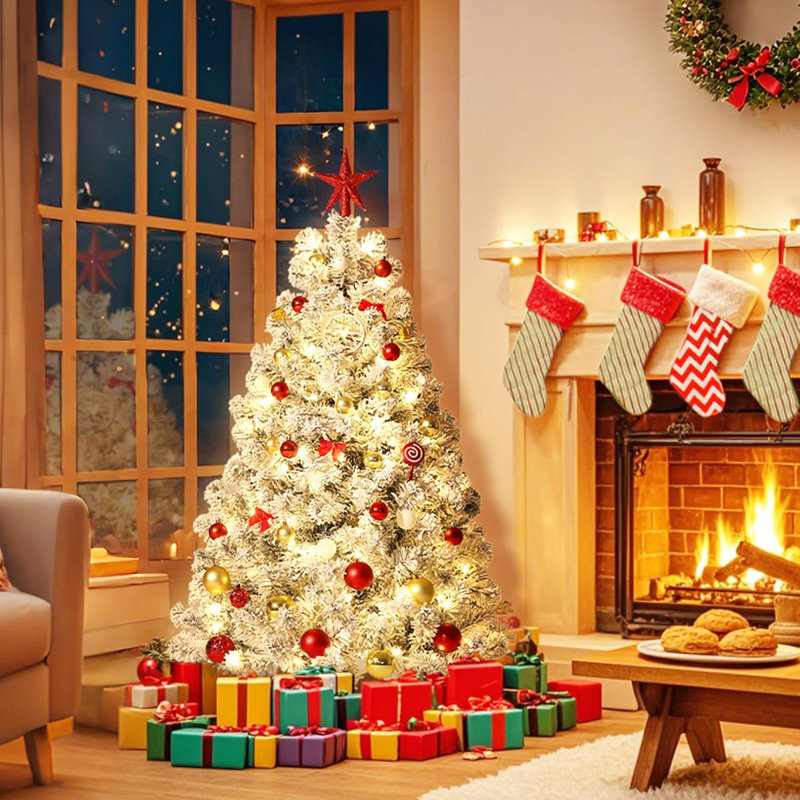 Arbre de Noël artificiel 2025 4,5 pi avec lumières de Noël blanc chaud floquées en PVC - Écoénergétique, DEL blanc doux, guirlandes de Noël d'intérieur, décoration d'arbre de Noël festif
