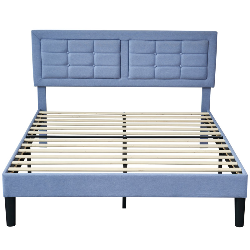 Structure de lit double Kempst, cadre de lit plateforme double rembourré avec tête de lit capitonnée à hauteur réglable, sommier robuste avec lattes de bois, aucun sommier requis, rangement sous le lit