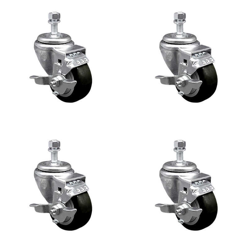 3.5 Inch SS Black Polyurethane Swivel ½ Inch Threaded Stem Caster Set Brake SCC
