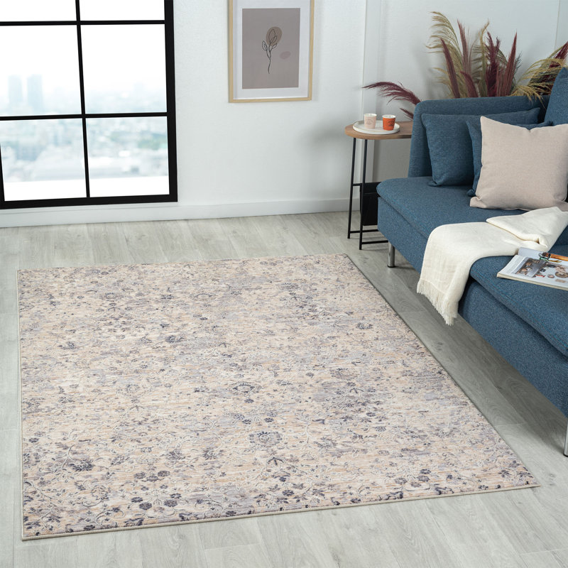 Tapis floral en polypropylène / polyester tissé à la machine Hayat en gris / beige / bleu, Rectangle 4 pi x 6 pi