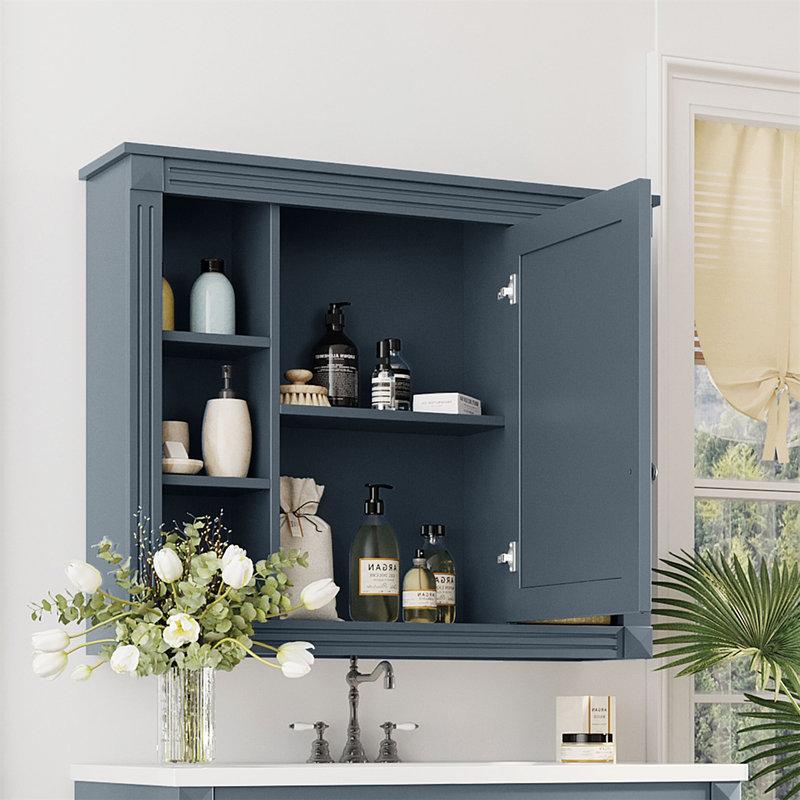 35"W Wall Mounted Bathroom Medicine Cabinet With Mirror And Adjustable Inner Shelf, Blue