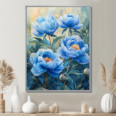 Aqua bleu pivoines dans le jardin II - pivoines, reproduction d'art sur toile encadrée
