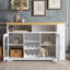 Buffet avec plateau de table extensible, éclairage à DEL, support à vin, armoire à porte en acrylique et prise de courant latérale-692627758